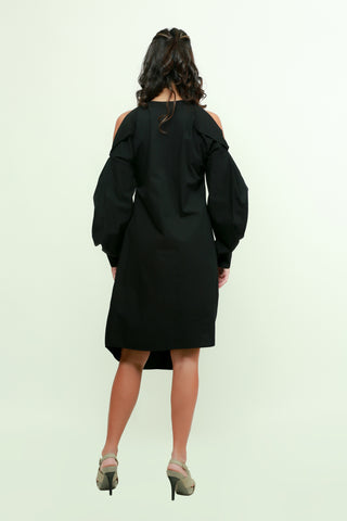 Black midi flap dress with pleated sleeves and an asymmetric placket detailing.