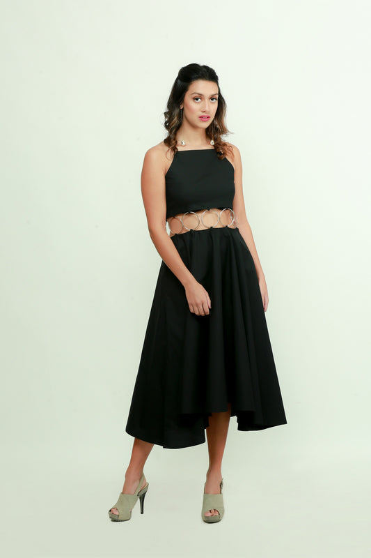 Black fit & flare midi dress features with ring detailing on the waist.