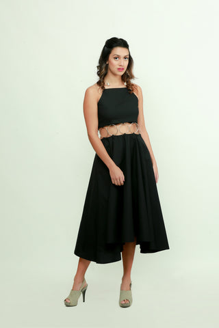 Black fit & flare midi dress features with ring detailing on the waist.