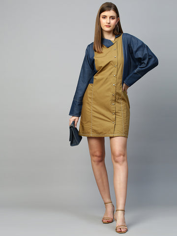 Blue and khaki short shirt dress features raglan sleeves and a chinese collar.