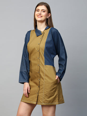 Blue and khaki short shirt dress features raglan sleeves and a chinese collar.