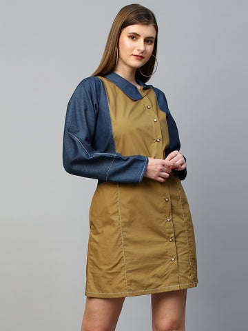 Blue and khaki short shirt dress features raglan sleeves and a chinese collar.