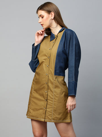 Blue and khaki short shirt dress features raglan sleeves and a chinese collar.