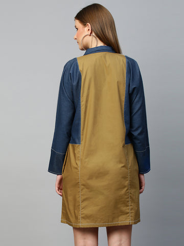 Blue and khaki short shirt dress features raglan sleeves and a chinese collar.