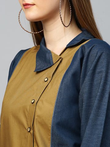 Blue and khaki short shirt dress features raglan sleeves and a chinese collar.