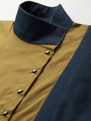 Blue and khaki short shirt dress features raglan sleeves and a chinese collar.