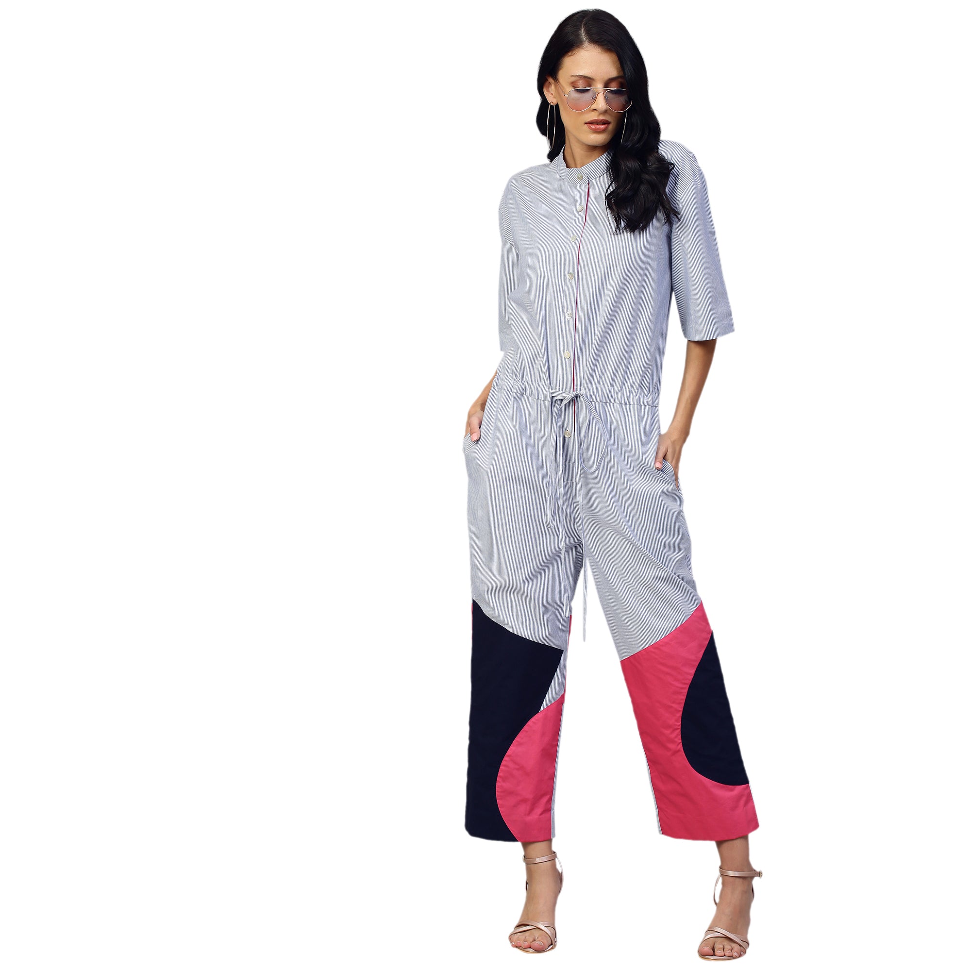 Red, light blue and dark blue jumpsuit