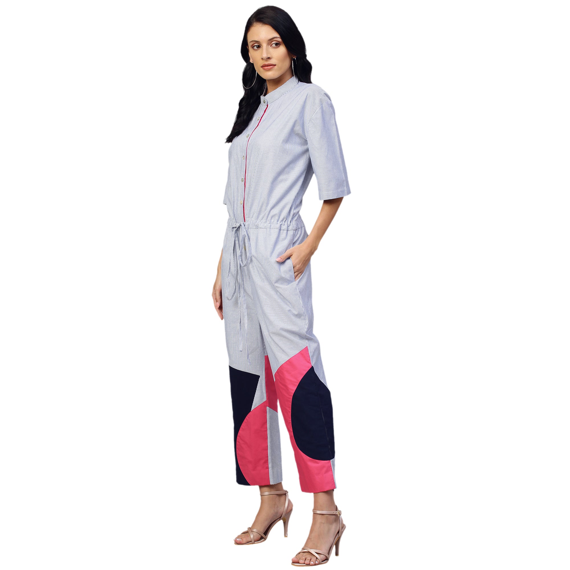 Red, light blue and dark blue jumpsuit