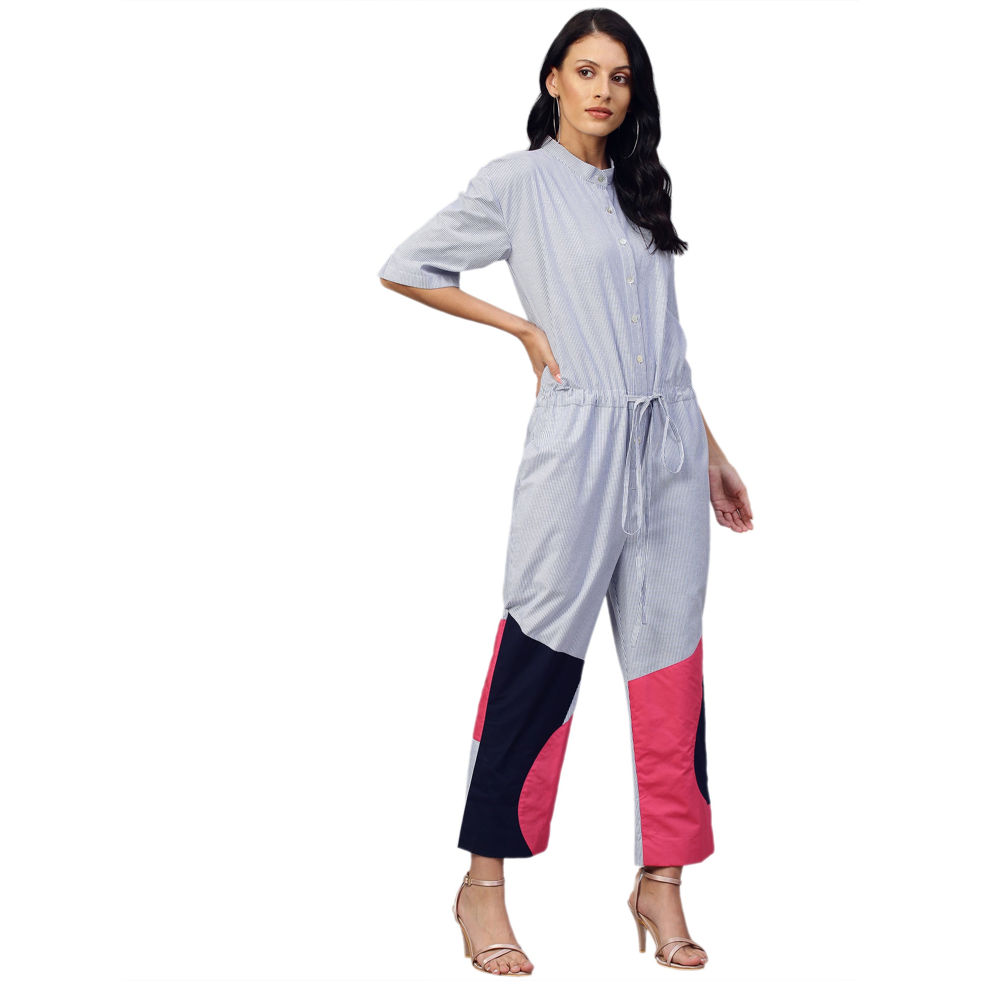 Red, light blue and dark blue jumpsuit