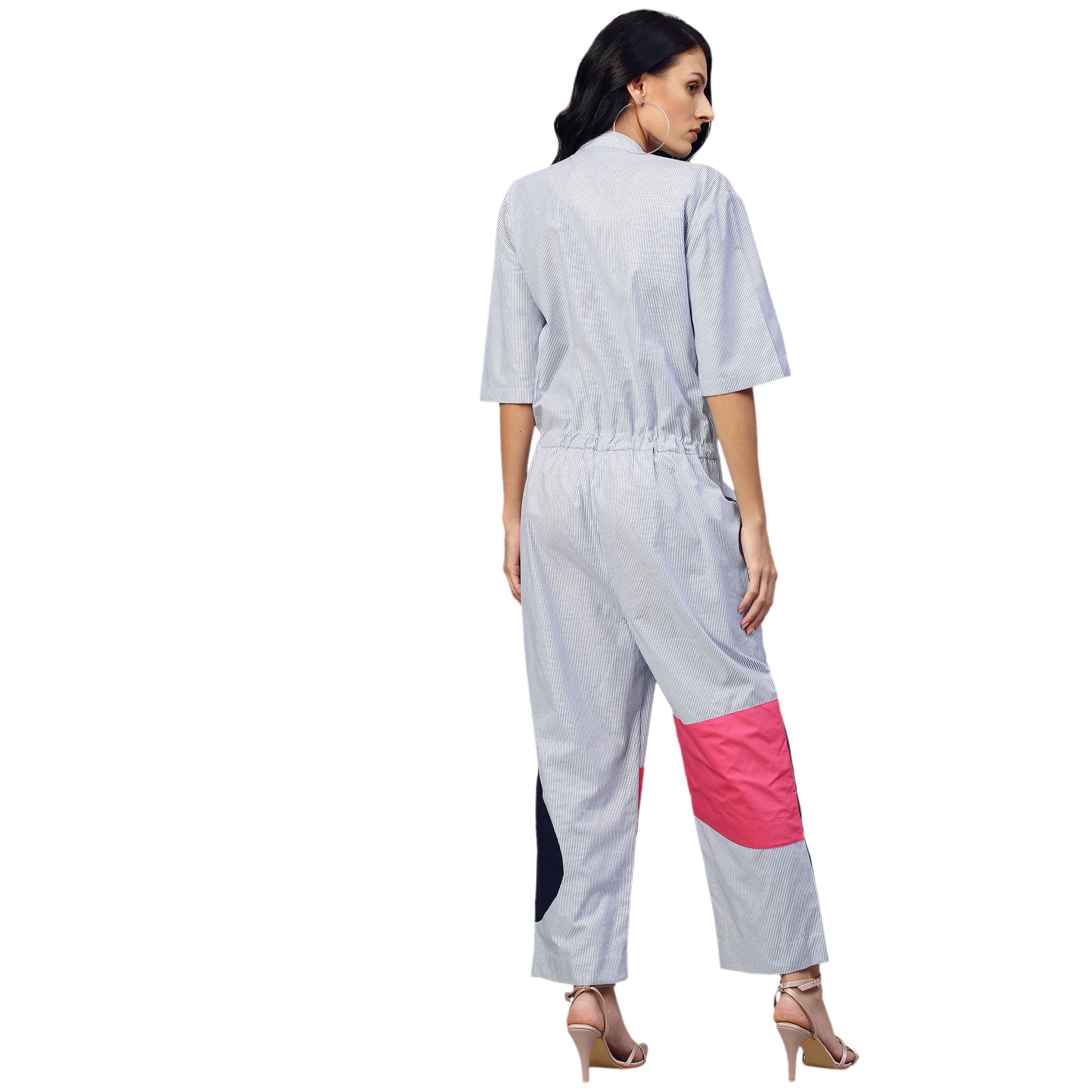 Red, light blue and dark blue jumpsuit