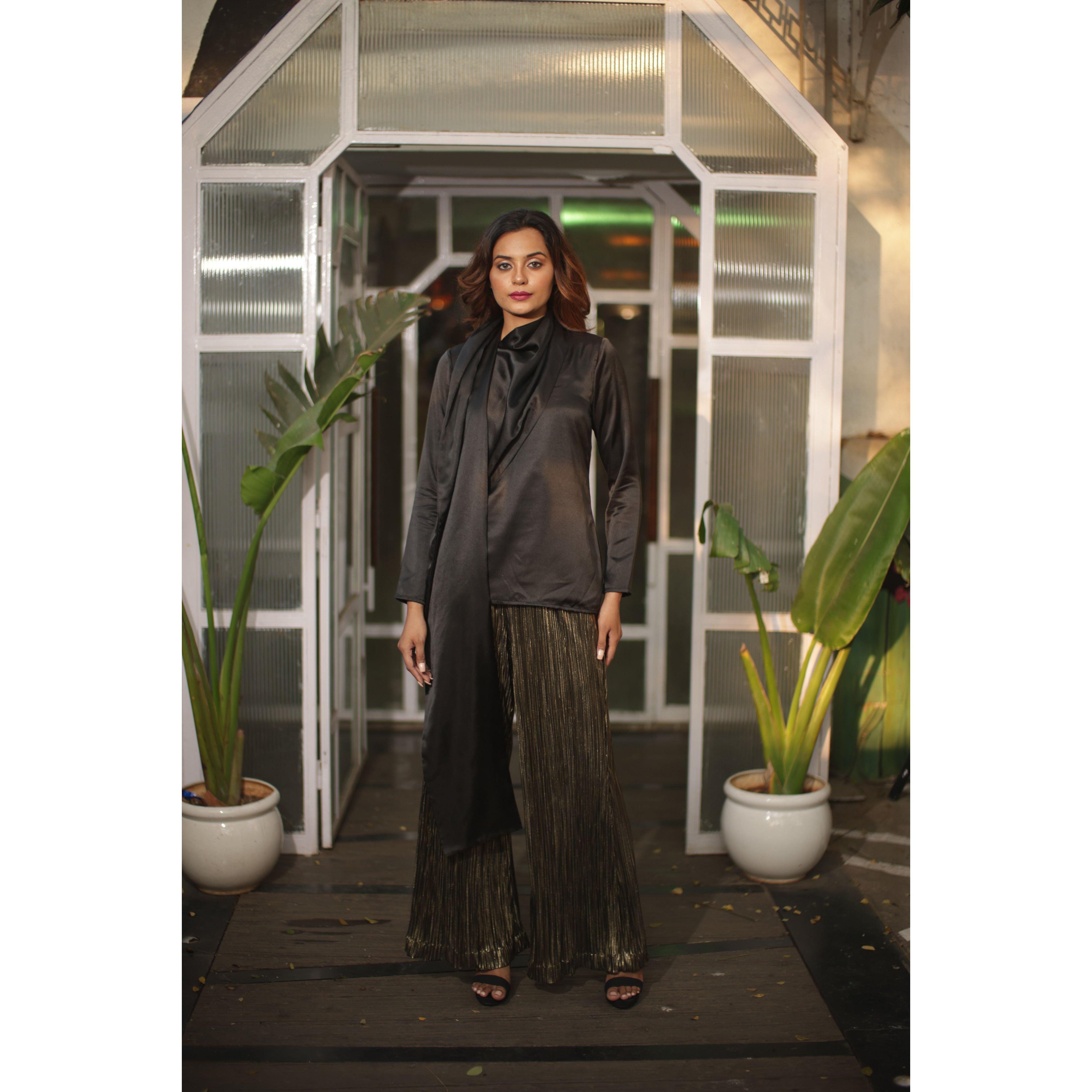 Shawl feature top with pleated pants co-ord set