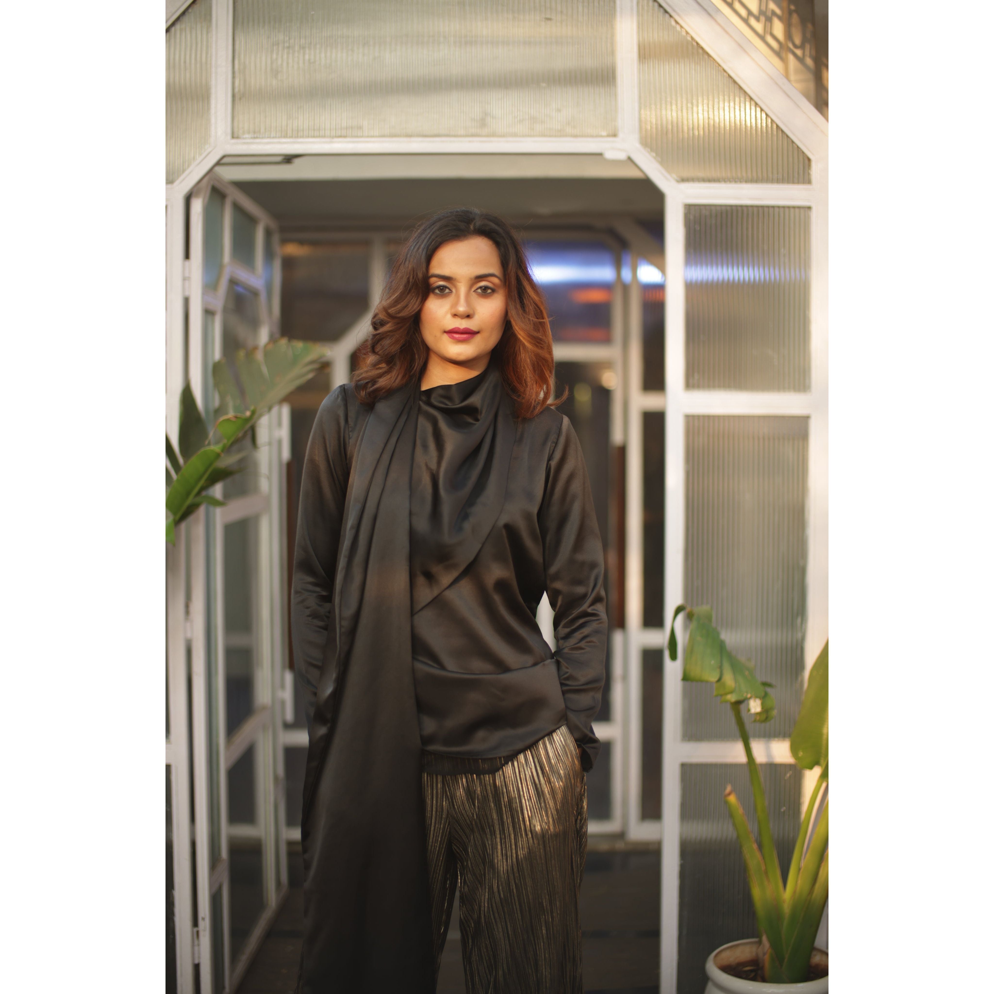 Shawl feature top with pleated pants co-ord set