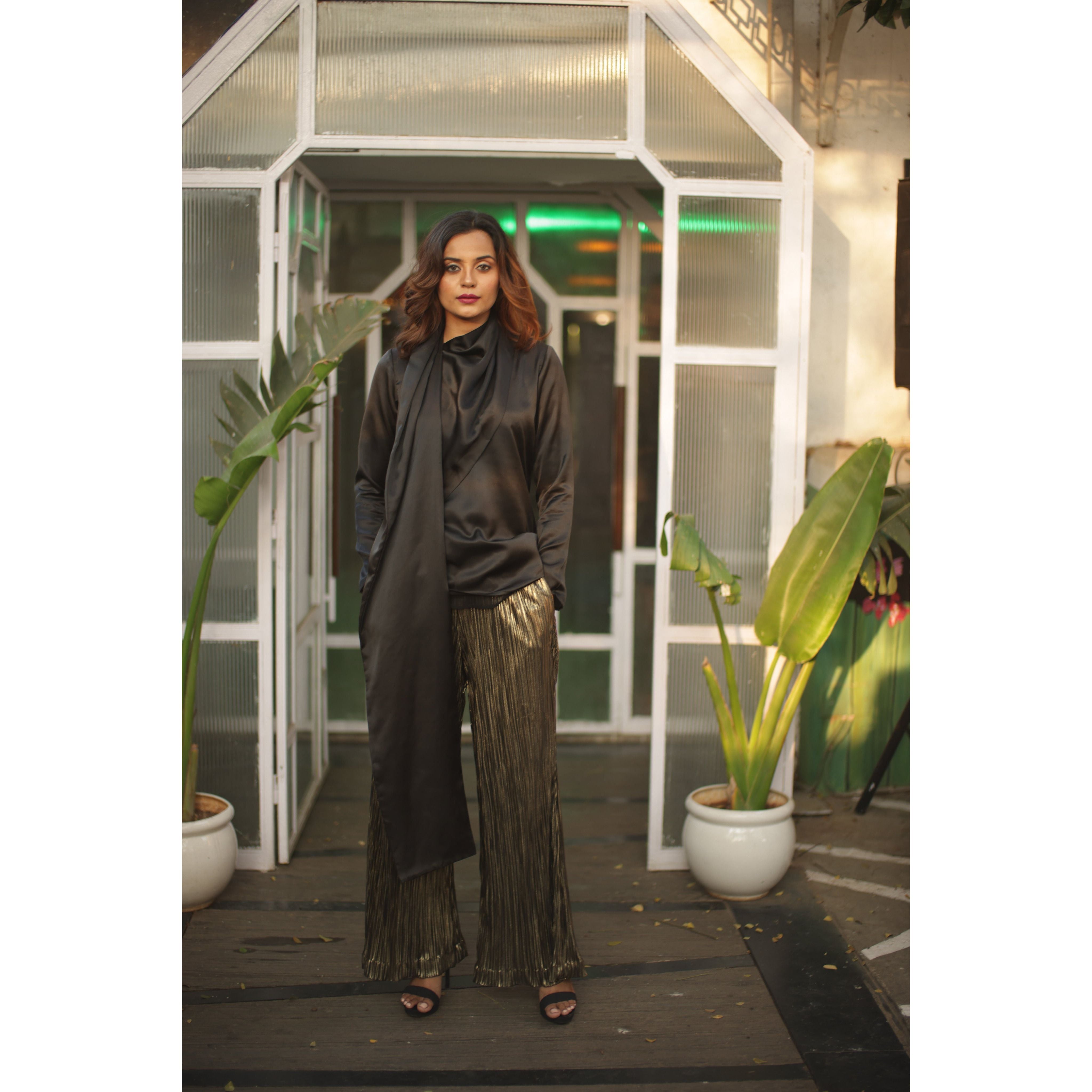 Shawl feature top with pleated pants co-ord set