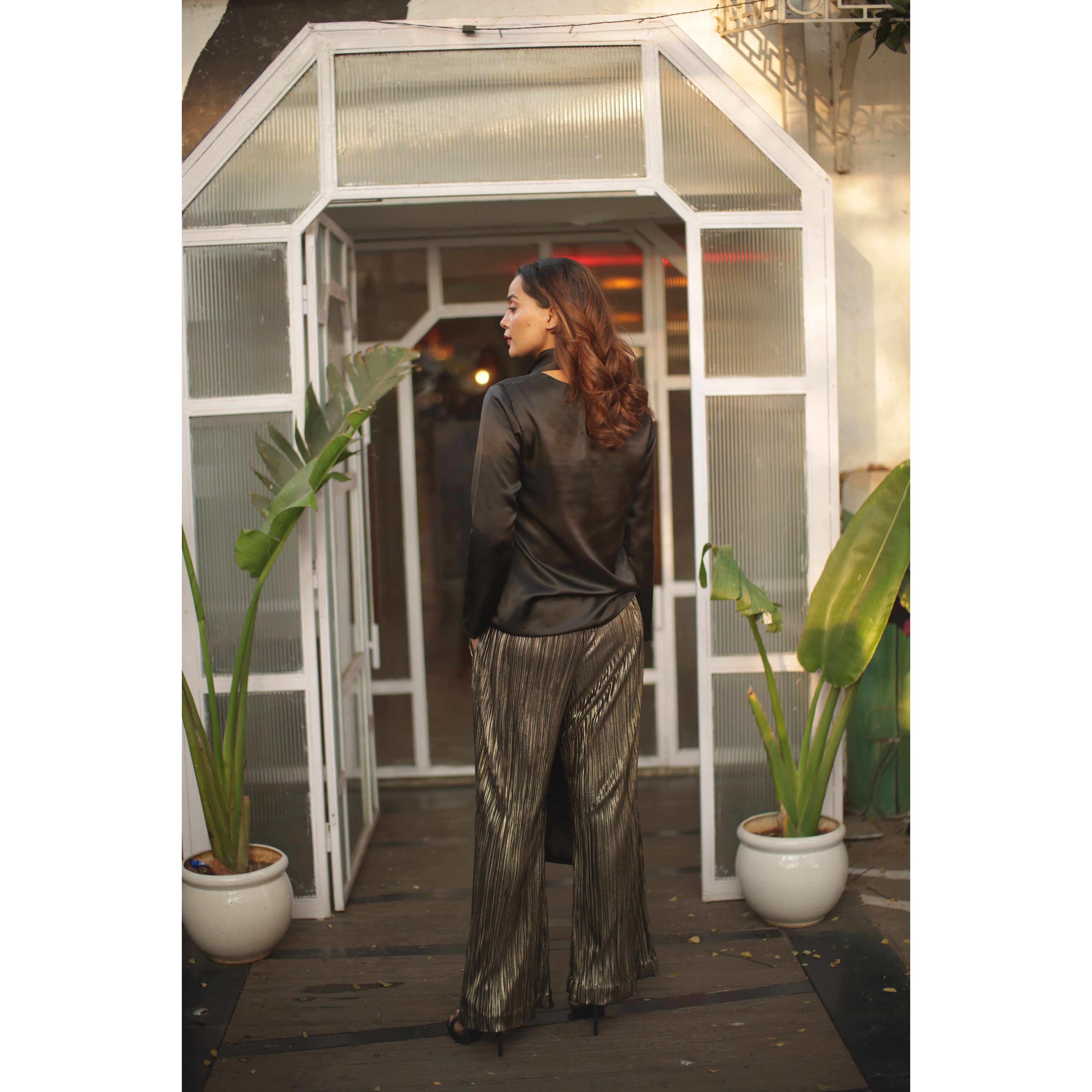 Shawl feature top with pleated pants co-ord set