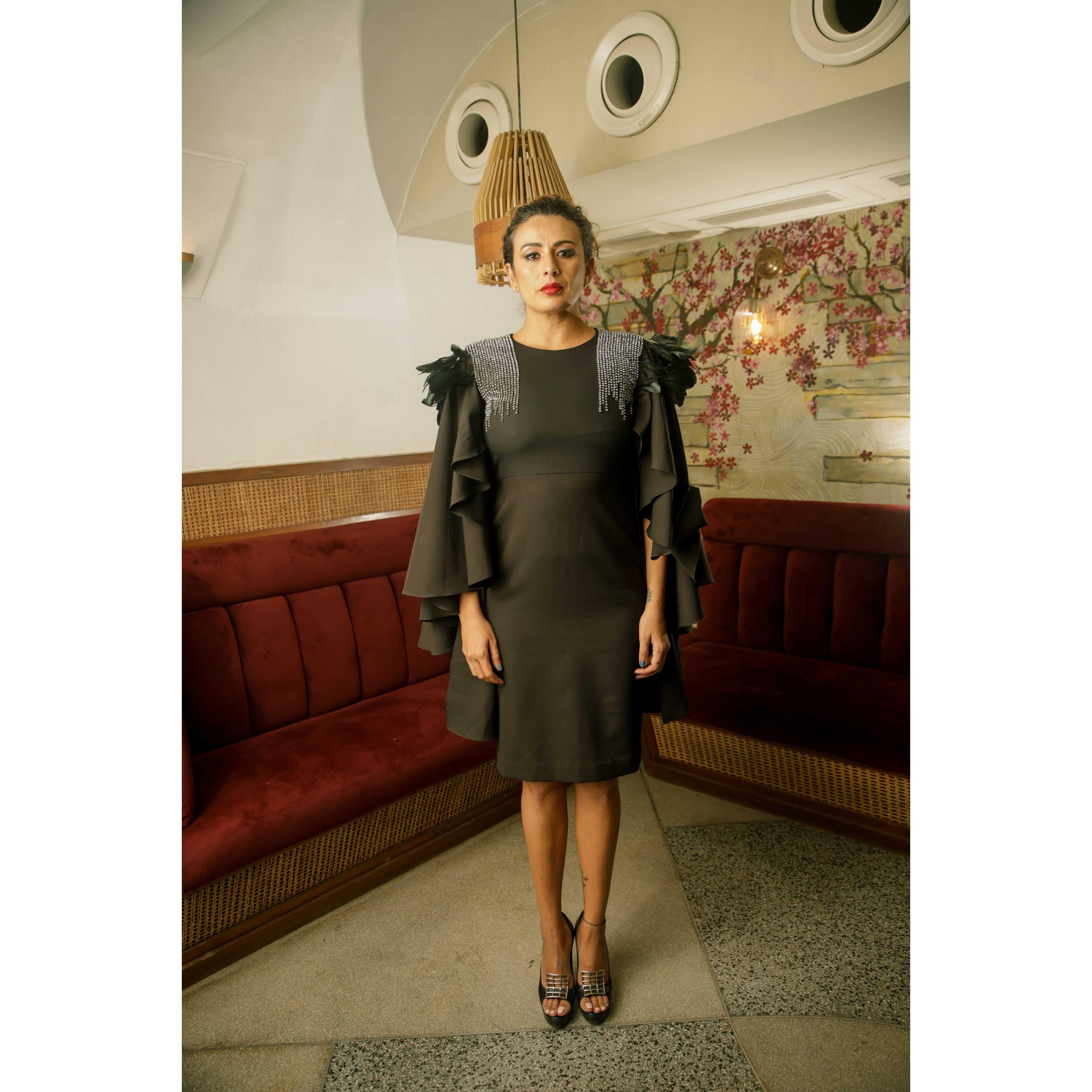 Midi dress with embellishments and feathers